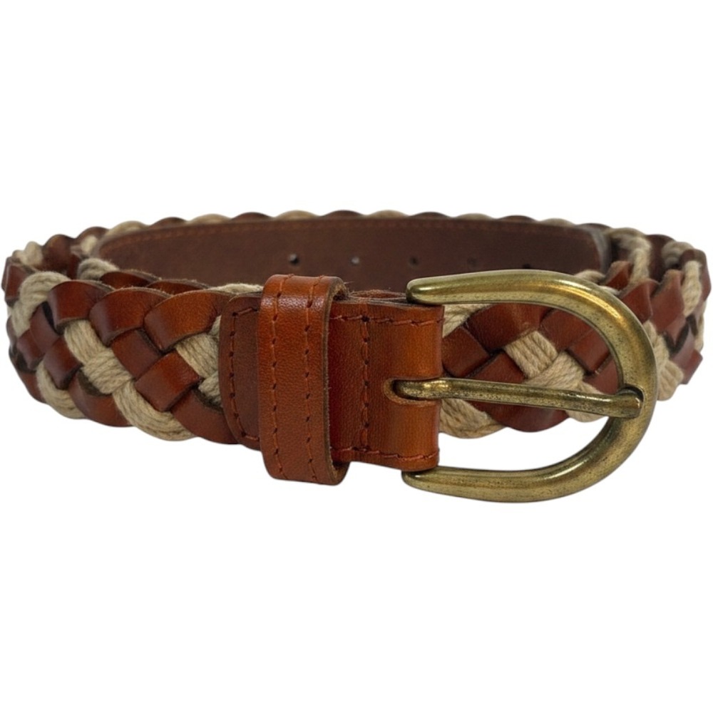 Unbranded Braided Leather Rope Belt Mens 42 Brown Beige Woven Nautical Brass